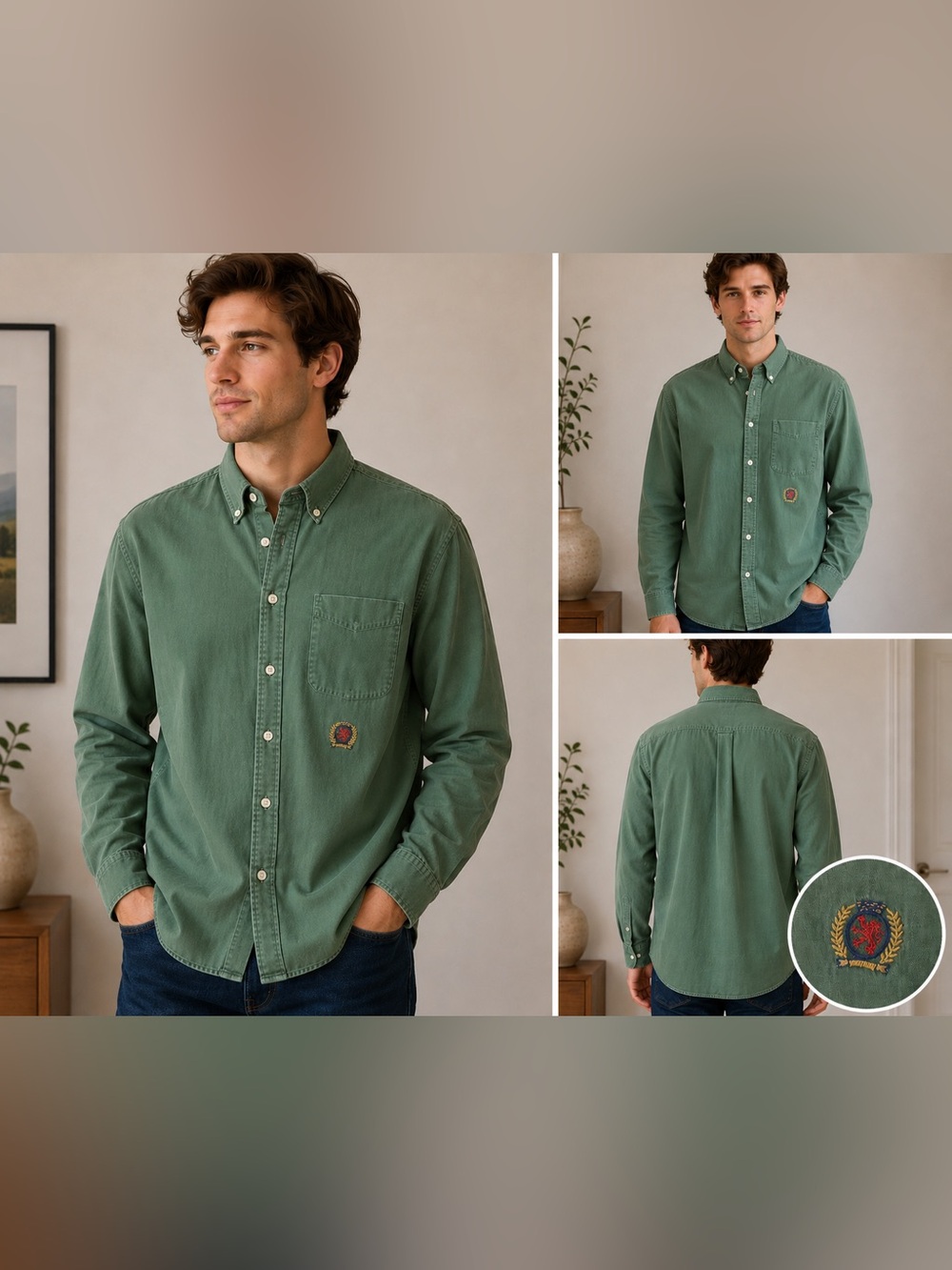 Tommy Hilfiger Green Button-Down Casual Shirt with Embroidered Crest